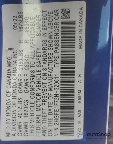 2022 Honda Civic Ex from USA, damaged, VIN 2HGFE1F72NH320611